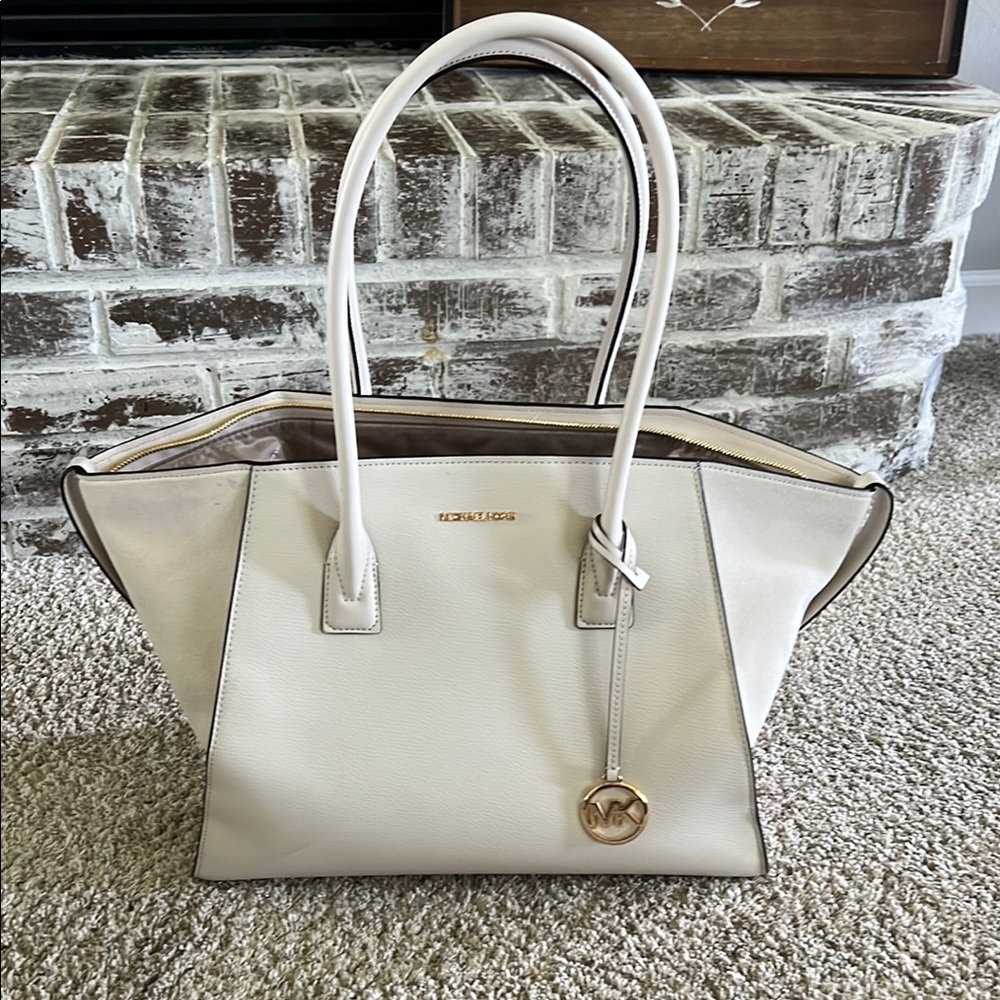 Michael Kors Cream Structured Tote with Metallic Accents